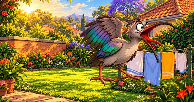 A long-billed cartoon hadeda calling from a garden wall